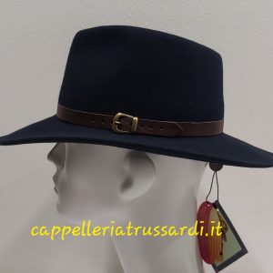 CAPPELLO INDIANA JONES CASUAL FELTRO LANA TESA LARGA BLU CINTURINO PELLE Made in Italy