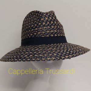 CAPPELLO EFFETTO PAGLIA IN LINO/VISCOSA BLU BEIGE TESA LARGA MADE IN ITALY