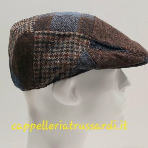 COPPOLA BERRETTO PATCHWORK BLU MARRONE PURA LANA MADE IN ITALY