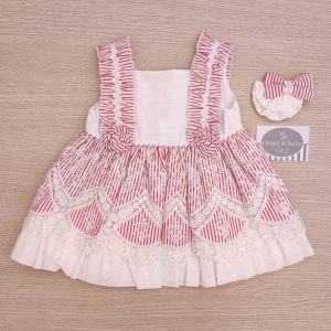 Abito Miranda – Smanicato Bianco/Rosso Pizzo e Plumetis con Fermaglio