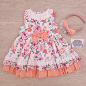 Abito Miranda – Smanicato Fiorato e Arancione Stelline con Cerchietto