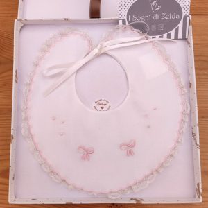 Bavaglino Panna Ricamato a mano – Fiocchi e Pois Rosa