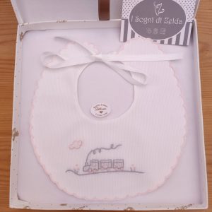 Bavaglino Bianco Ricamato a mano – Trenino Rosa