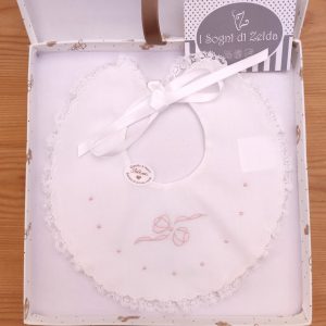 Bavaglino Bianco Ricamato a mano – Fiocco e Pois Rosa