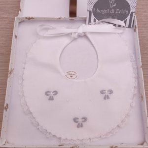 Bavaglino Bianco Ricamato a mano – Fiocchetti e Pois Grigio