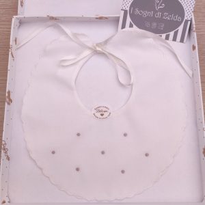Bavaglino Bianco Ricamato a mano – Pois Tortora