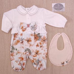 Tutina nascita Barcellino – Fiori Rosa Antico con bavetta