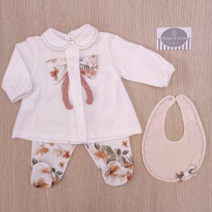 Completino nascita Barcellino – Fiori Rosa Antico con bavetta