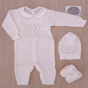 Tutina nascita Primodì – Bianco/Tortora Punto Smock