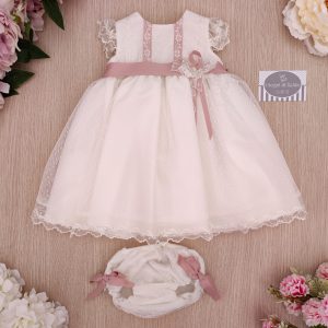 Abito Ponto por Ponto – Panna/Rosa Antico Pizzo con copripannolino