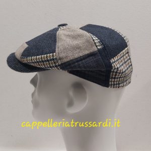 COPPOLA BERRETTO PATCHWORK 100% LANA BLU GRIGIO MADE IN ITALY PEAKY BLINDERS